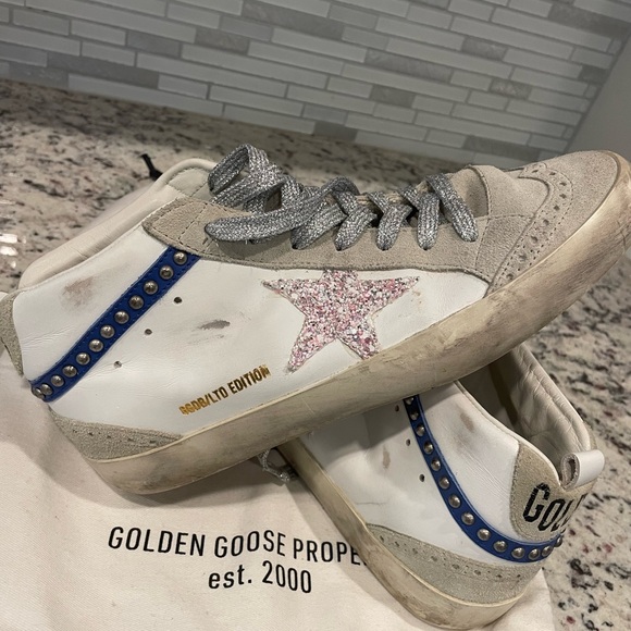 Golden Goose Sneakers with Glitter Pink Star and Blue Details - Picture 1 of 3